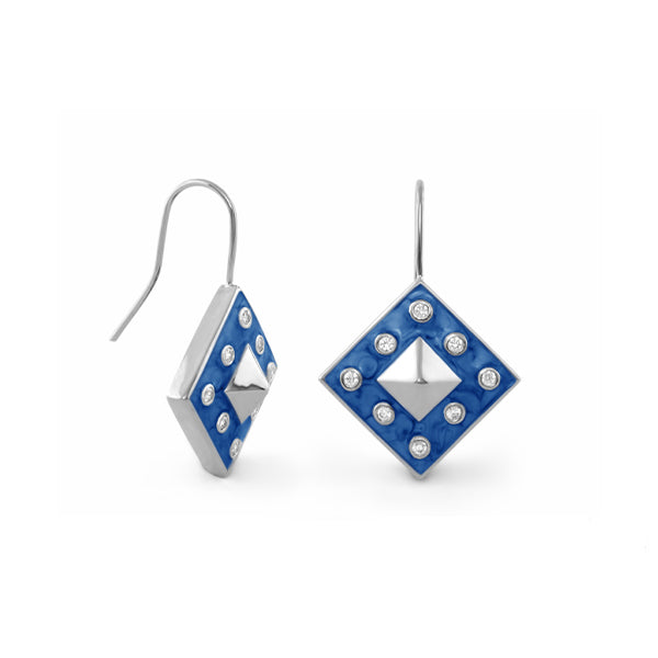 Drop earrings by Lauren G Adams, blue enamel diamond shapes with crystal accents, pair on Tampa Home & Garden Store