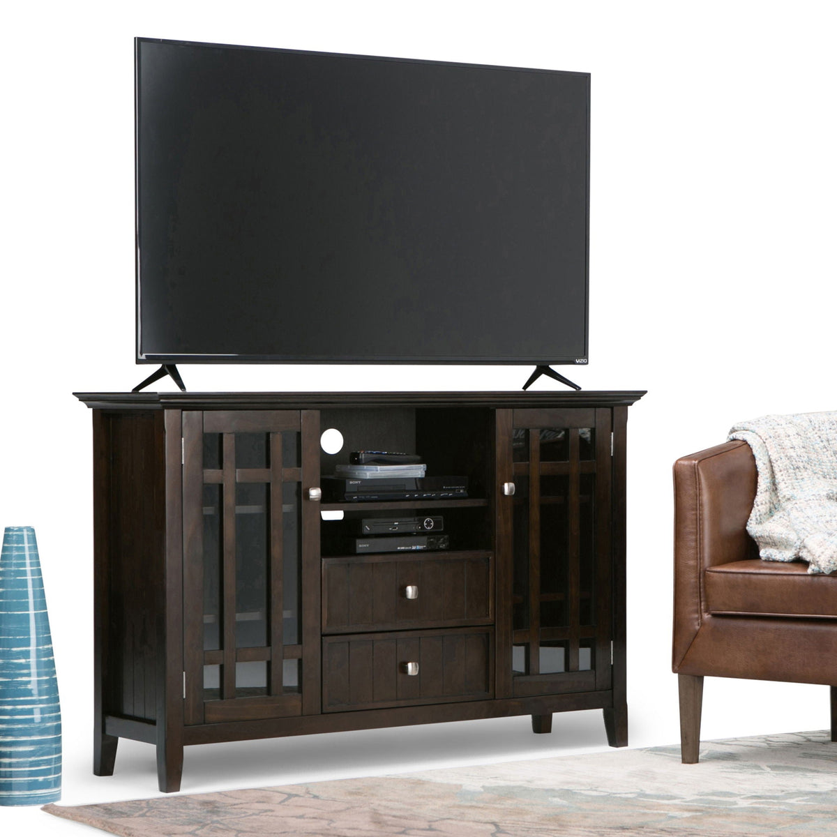 Handcrafted tall TV media stand solid wood with glass-front cabinets and open shelves on Tampa Home & Garden Store