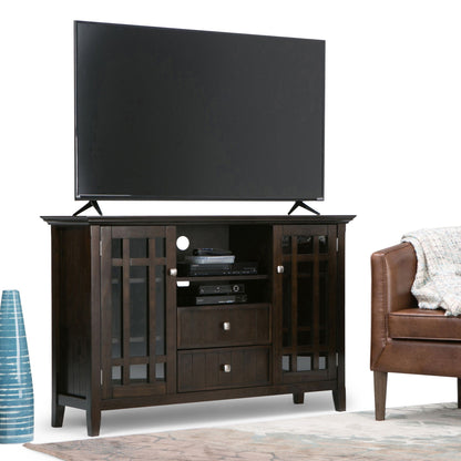 Handcrafted tall TV media stand solid wood with glass-front cabinets and open shelves on Tampa Home & Garden Store