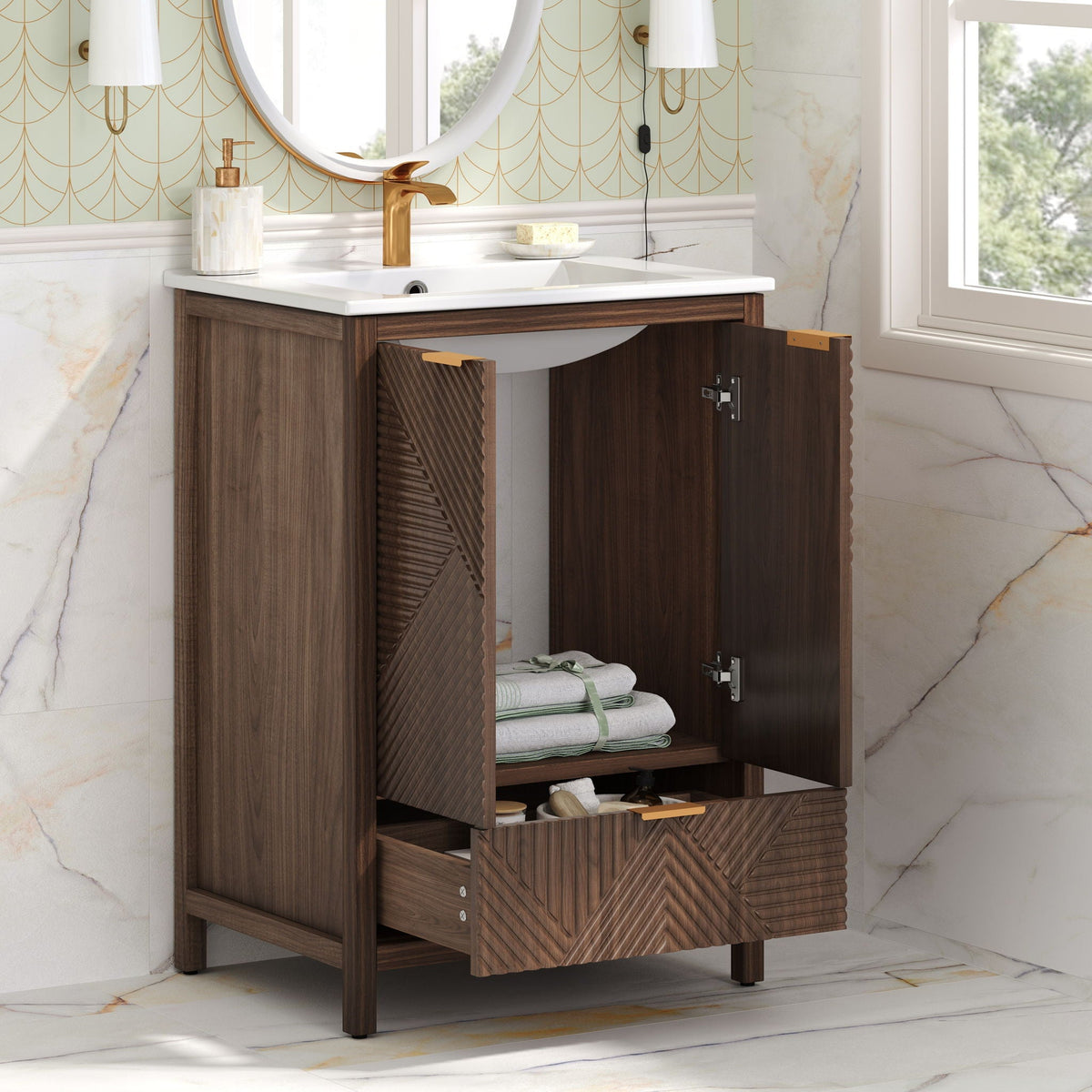 Modern bathroom vanity with sink, dark brown wood cabinet, white sink, gold faucet on Tampa Home & Garden Store