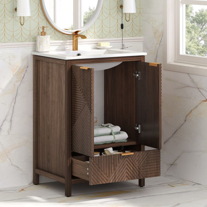 Modern bathroom vanity with sink, dark brown wood cabinet, white sink, gold faucet on Tampa Home & Garden Store