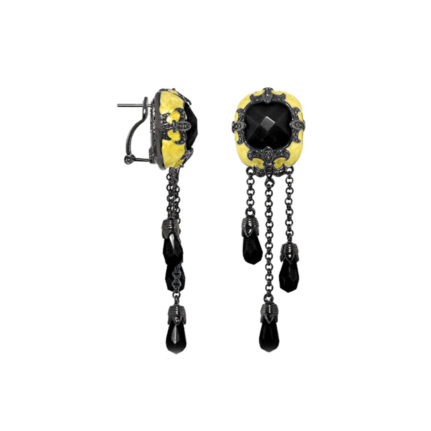 Knights of Love chandelier earrings by Lauren G Adams; yellow enamel with black metal on Tampa Home & Garden Store