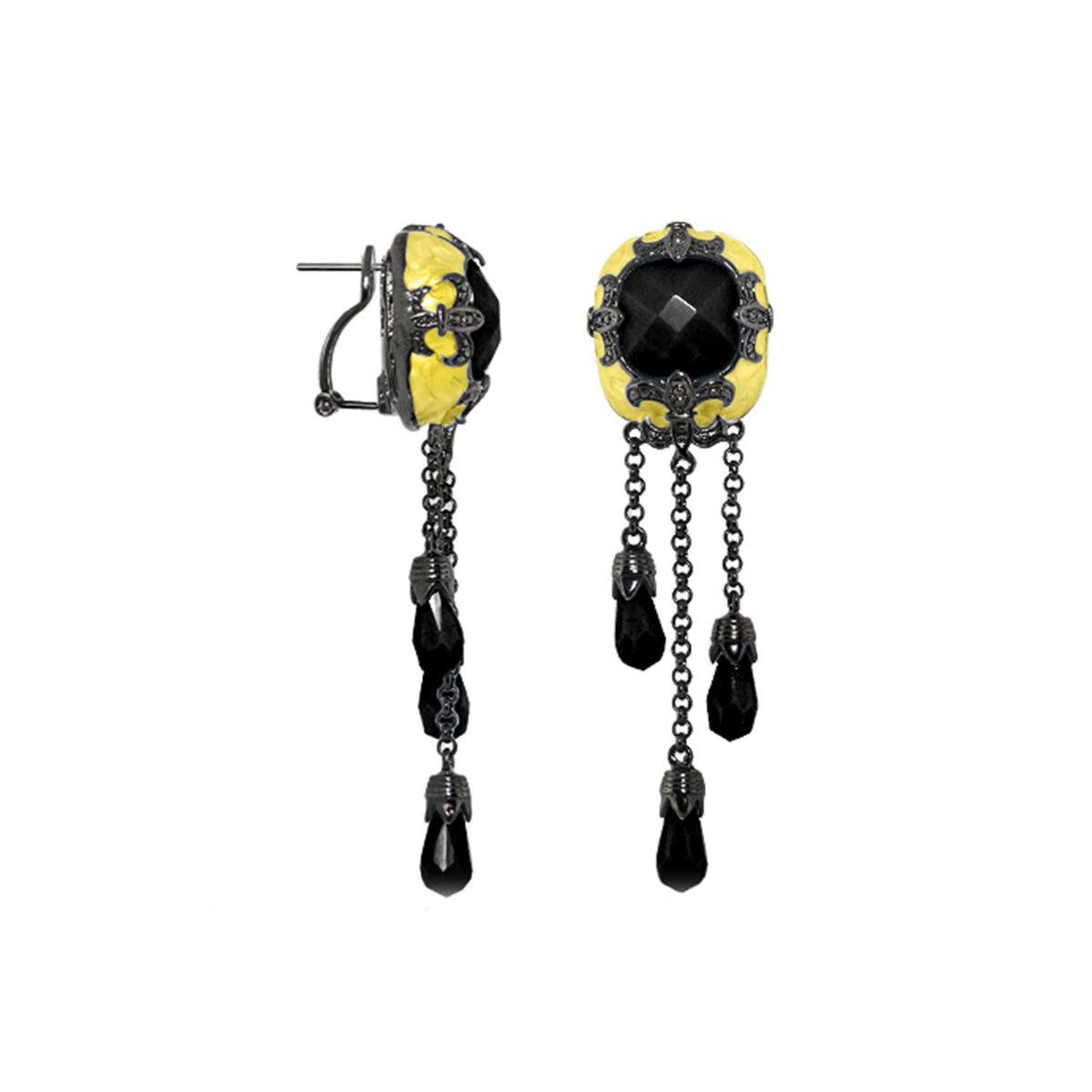 Knights of Love chandelier earrings by Lauren G Adams; yellow enamel with black metal on Tampa Home & Garden Store