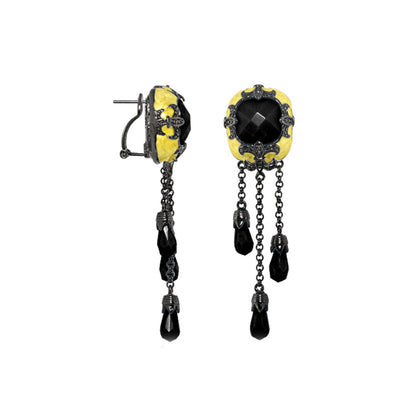 Knights of Love chandelier earrings by Lauren G Adams; yellow enamel with black metal on Tampa Home & Garden Store