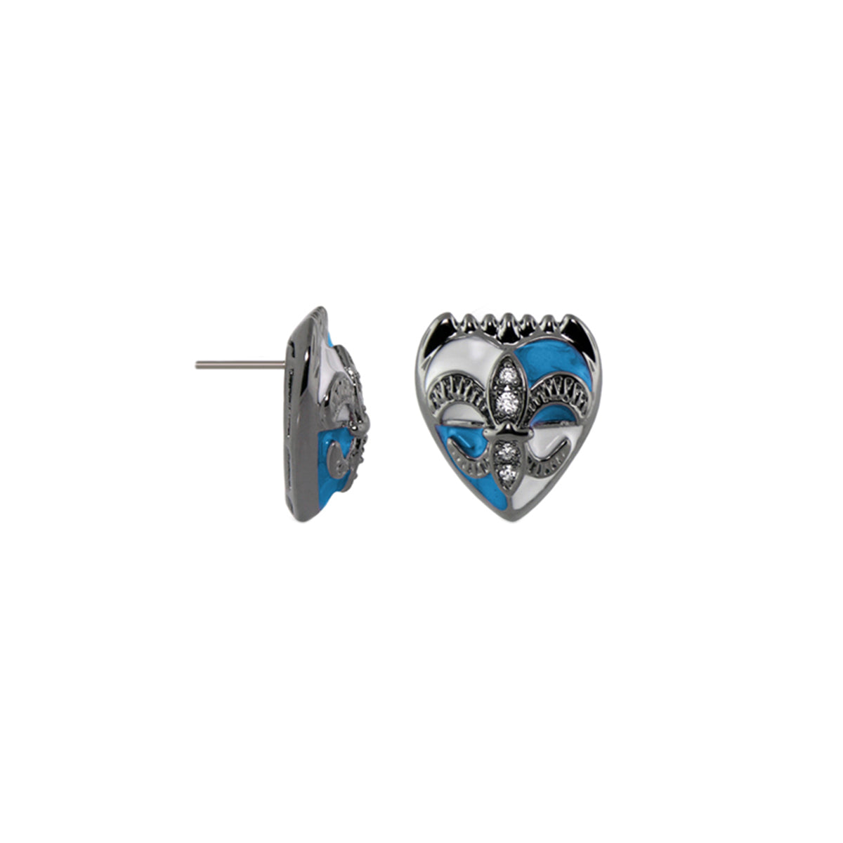 Knights of Love post earrings pair by Lauren G Adams, silver heart with blue enamel accents on Tampa Home & Garden Store