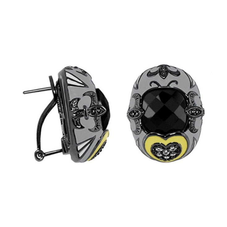 Knights of Love Clip On Earrings pair gray with black center and yellow heart by Lauren G Adams on Tampa Home & Garden Store