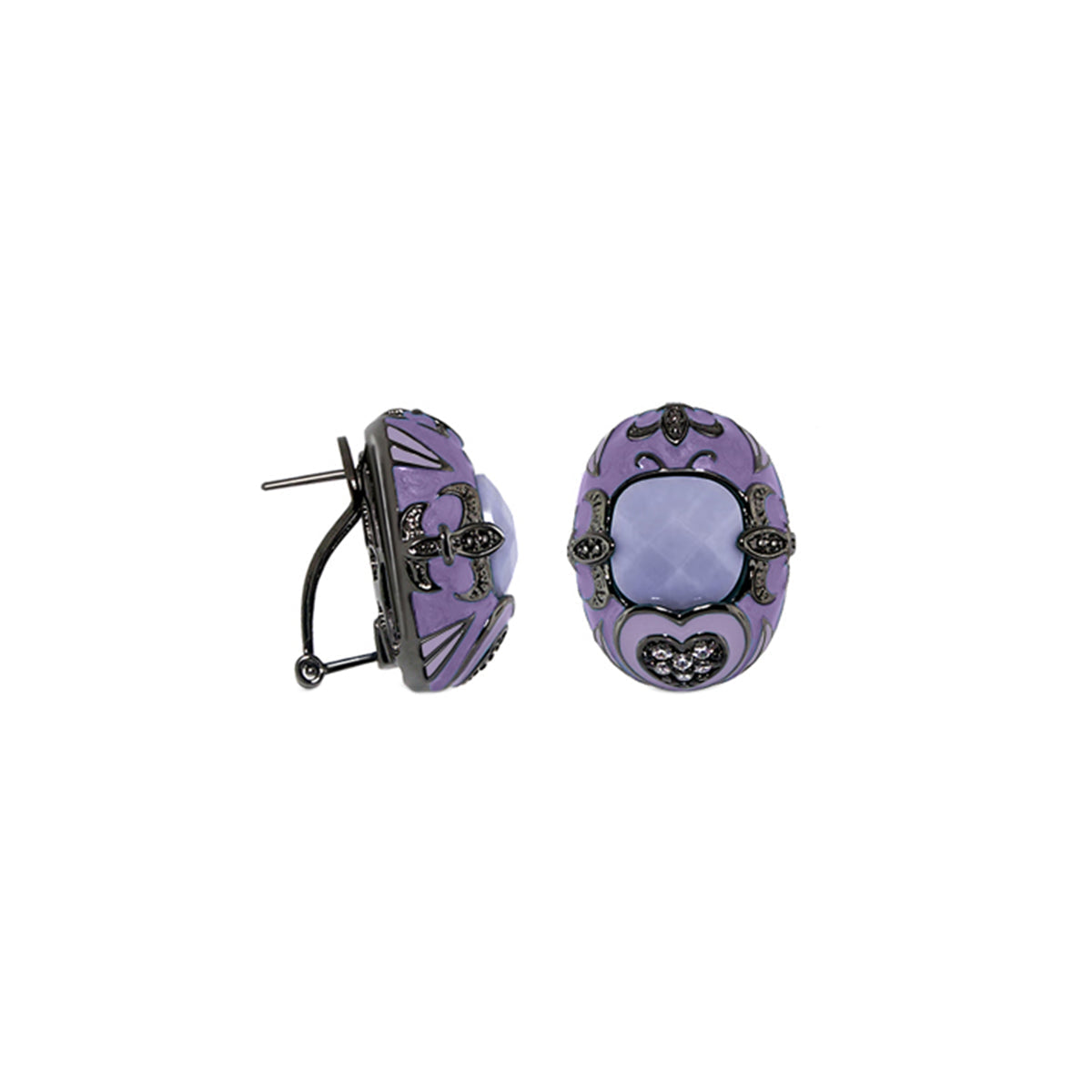 Knights of Love clip-on button earrings in purple with black filigree and lavender cabochon on Tampa Home & Garden Store