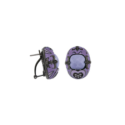 Knights of Love clip-on button earrings in purple with black filigree and lavender cabochon on Tampa Home & Garden Store