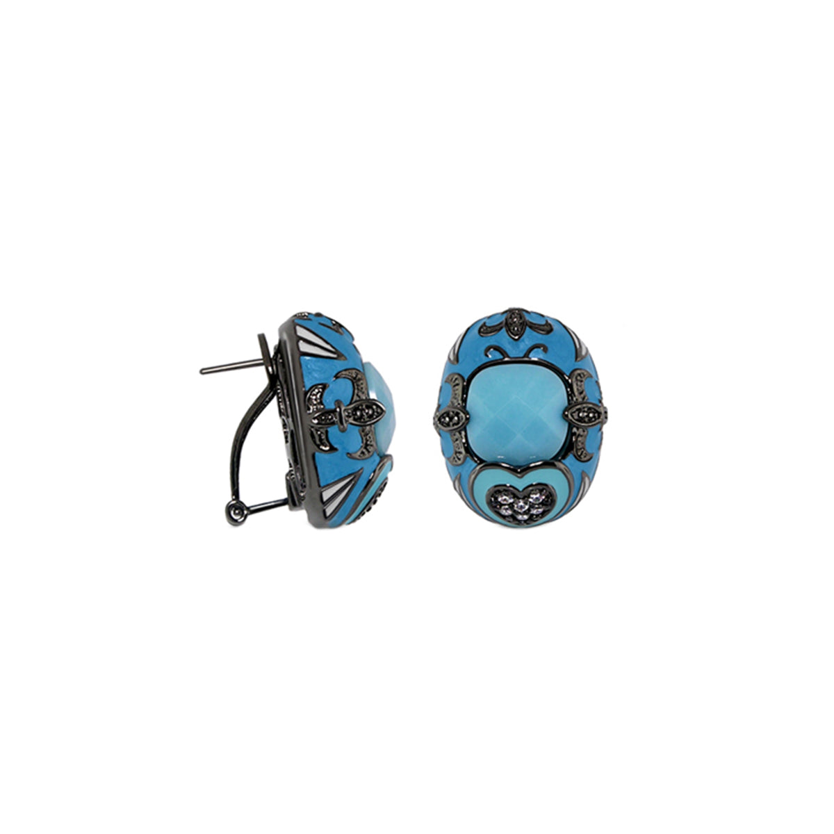 Knights of Love Clip On Earrings turquoise blue with black filigree by Lauren G Adams on Tampa Home & Garden Store