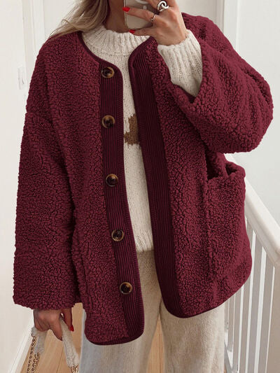 Stevvex burgundy sherpa jacket with contrast placket, wooden buttons, front pockets on Tampa Home & Garden Store