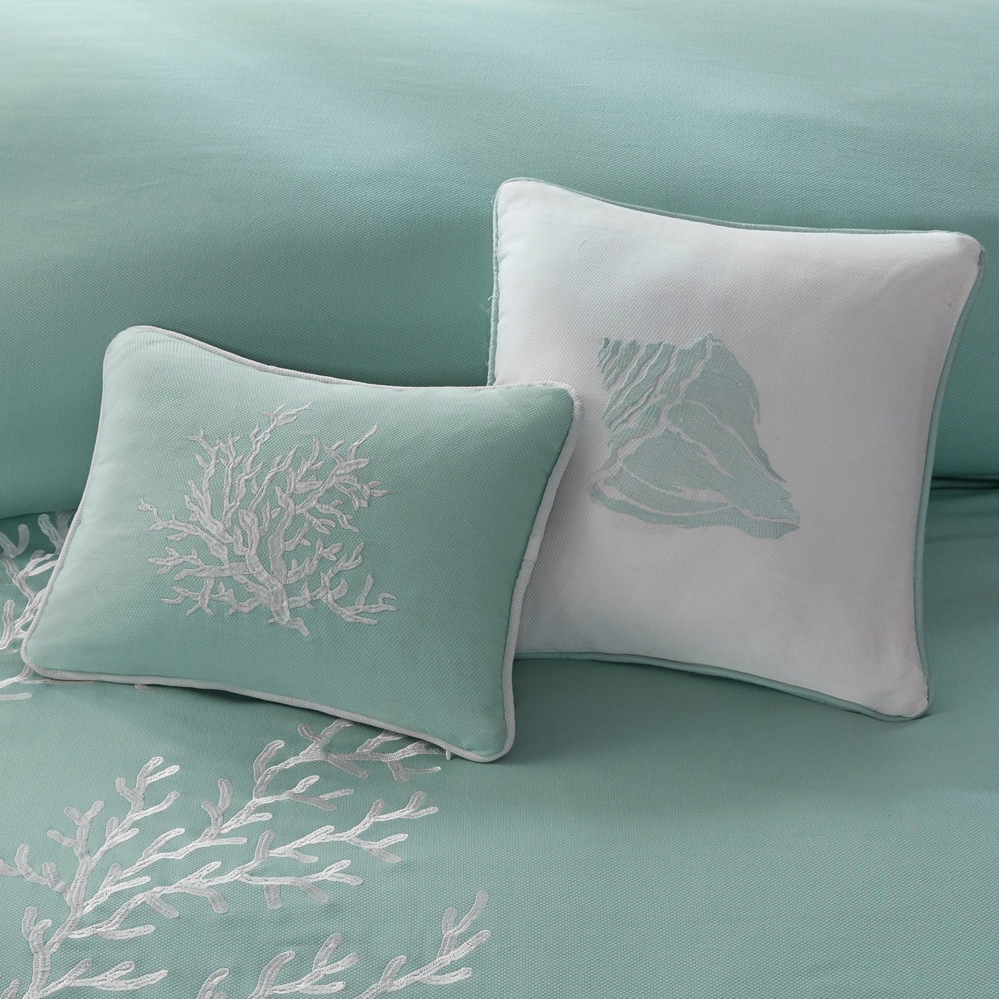 Oversized cotton jacquard aqua Cal King comforter set with white coral embroidery on pillows on Tampa Home & Garden Store
