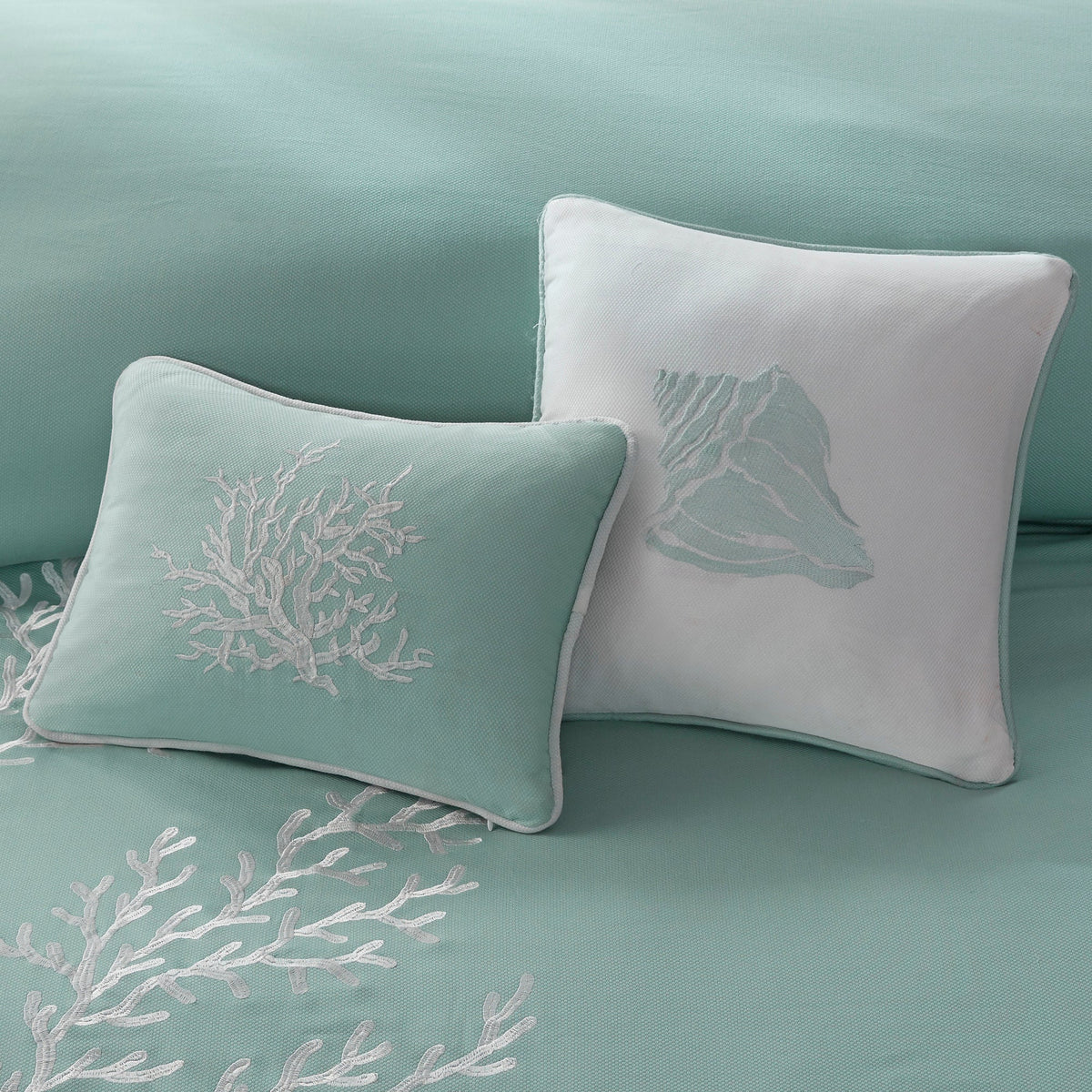 Oversized cotton jacquard aqua Cal King comforter set with white coral embroidery on pillows on Tampa Home & Garden Store