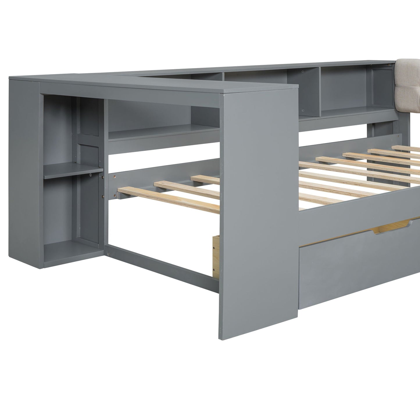 Upholstered storage bed in gray with built in shelves and drawers by HouseOfZazla on Tampa Home & Garden Store