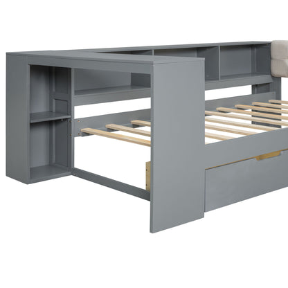 Upholstered storage bed in gray with built in shelves and drawers by HouseOfZazla on Tampa Home & Garden Store