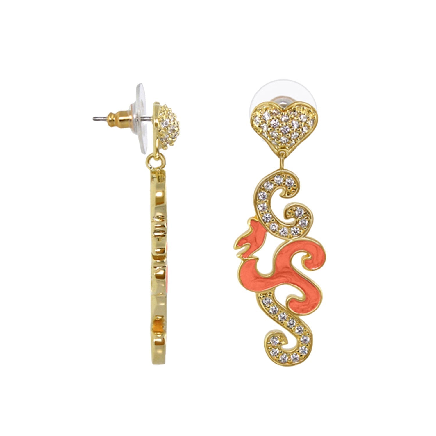 Peaceful Love dangle earring in gold-tone with crystal heart top and pink enamel scrolls on Tampa Home & Garden Store