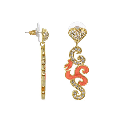 Peaceful Love dangle earring in gold-tone with crystal heart top and pink enamel scrolls on Tampa Home & Garden Store