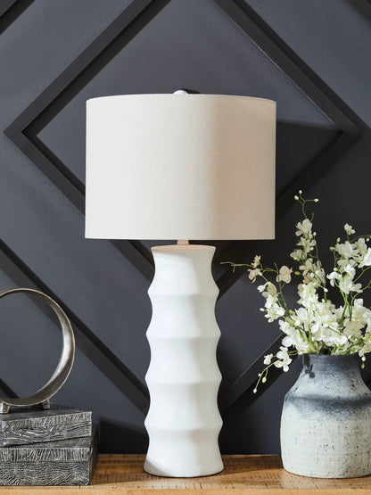 Veraleigh Poly Lamp floor lamp with white sculpted ceramic base and beige fabric drum shade on Tampa Home & Garden Store