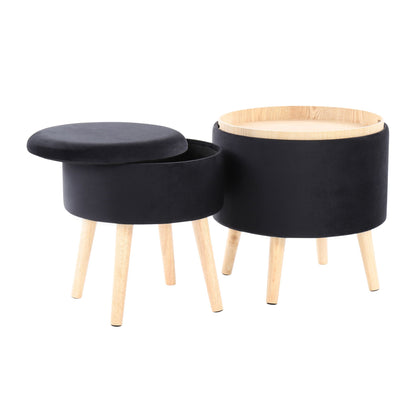 Contemporary storage ottoman with matching stool, black fabric, natural wood legs on Tampa Home & Garden Store