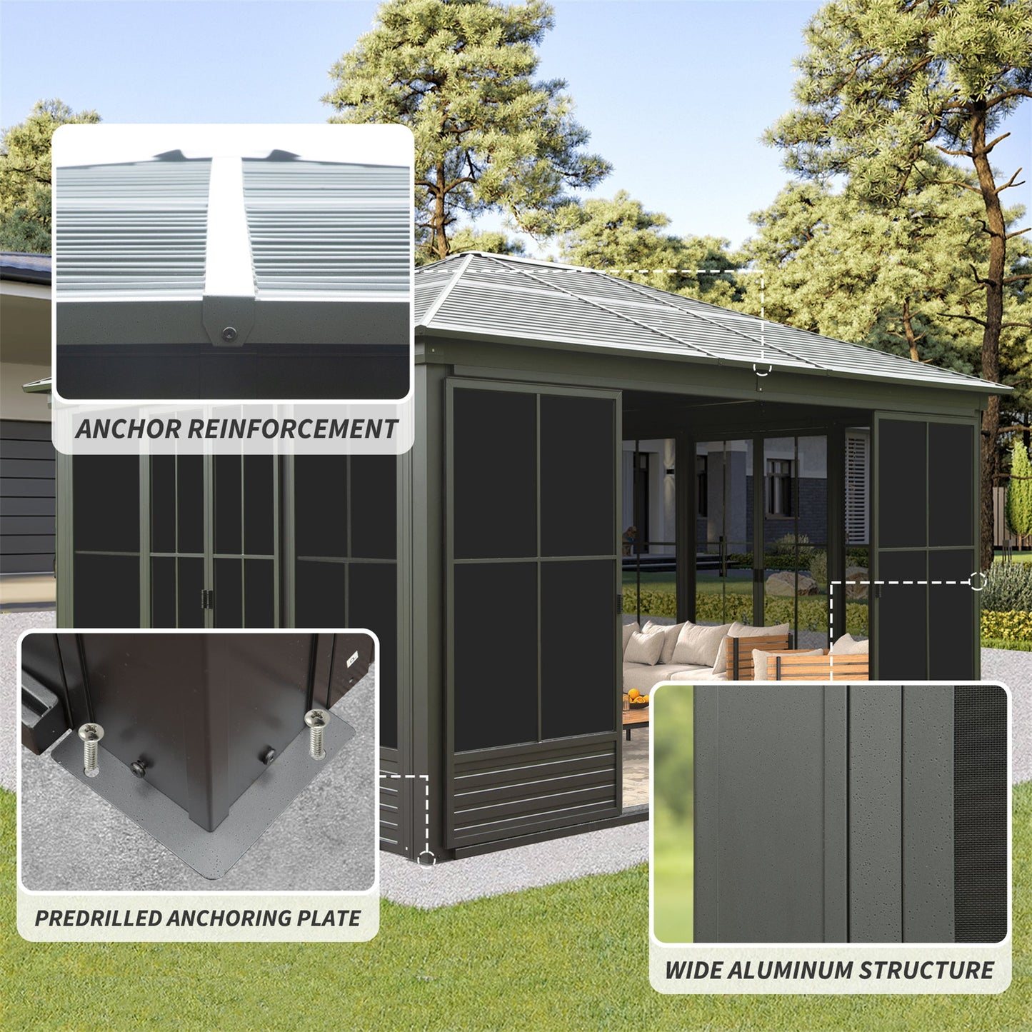 12x14ft outdoor sunroom gazebo HouseOfZazla with aluminum frame and predilled anchoring plates on Tampa Home & Garden Store