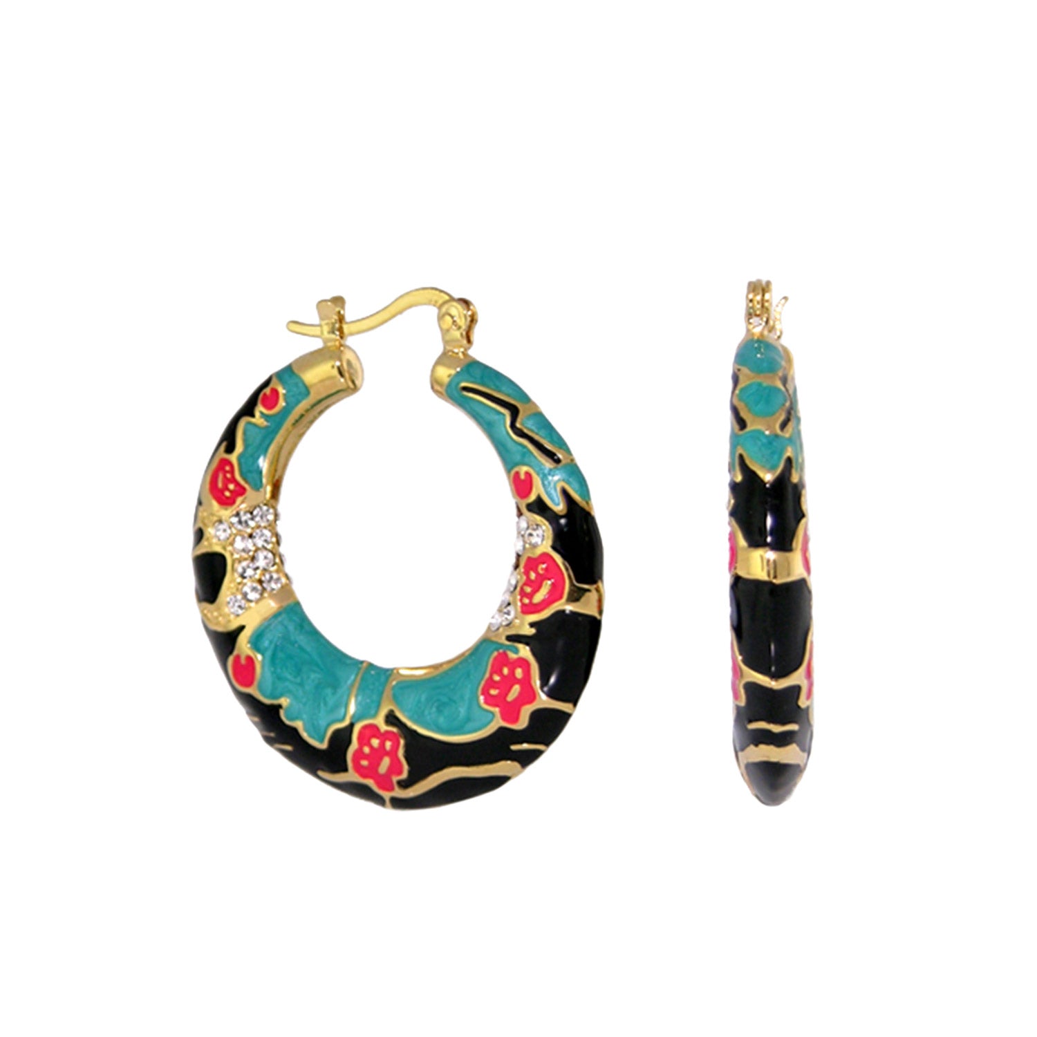 Spring Pleasure Earring hoops and drops turquoise/teal and black enamel with gold trim crystals on Tampa Home & Garden Store