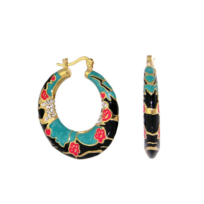 Spring Pleasure Earring hoops and drops turquoise/teal and black enamel with gold trim crystals on Tampa Home & Garden Store