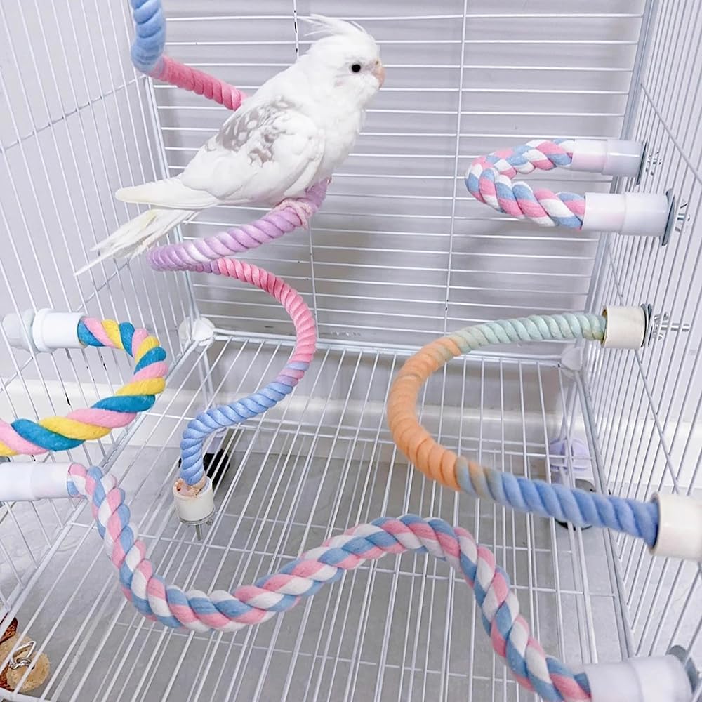 Gradient colorful bird rope perch stand set of 4 inside a cage with pastel ropes for cockatiel on Tampa Home & Garden Store