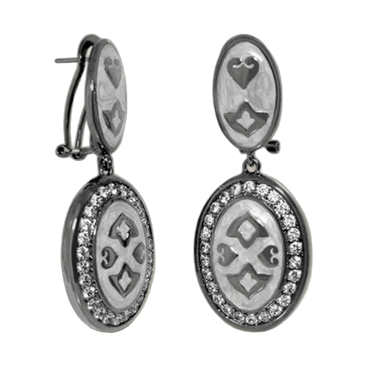 The Eilat Earrings pair by Lauren G Adams, oval drop with pavé crystal rim and etched motif on Tampa Home & Garden Store