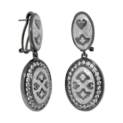 The Eilat Earrings pair by Lauren G Adams, oval drop with pavé crystal rim and etched motif on Tampa Home & Garden Store