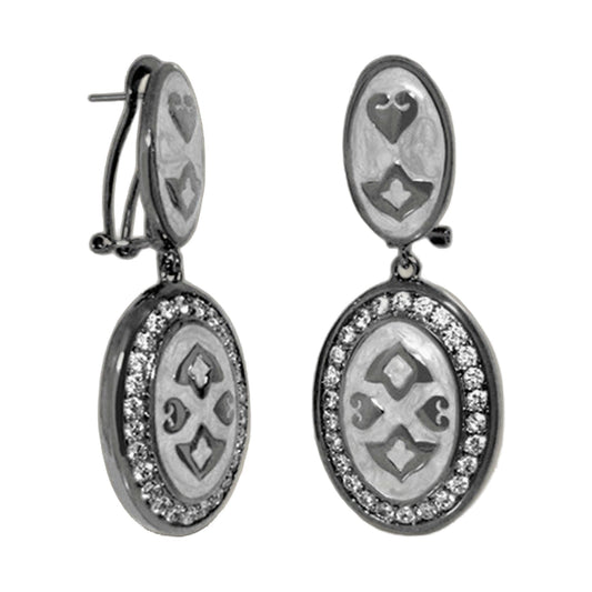 The Eilat Earrings pair by Lauren G Adams, oval drop with pavé crystal rim and etched motif on Tampa Home & Garden Store