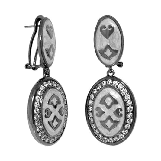 The Eilat Earrings pair by Lauren G Adams, silver-tone oval drop with heart and diamond motifs on Tampa Home & Garden Store