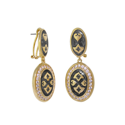 The Eilat earrings by Lauren G Adams, gold-tone oval drop with black enamel center and crystal halo, pair on Tampa Home & Garden Store