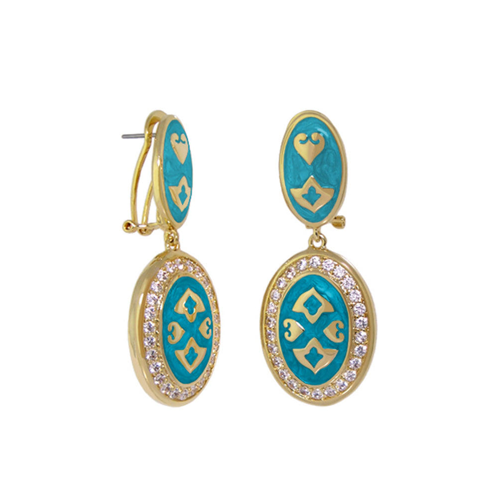The Eilat Earrings by Lauren G Adams, turquoise enamel gold oval drops with crystal halo, pair on Tampa Home & Garden Store