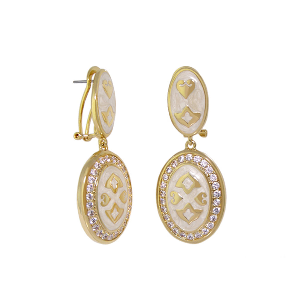 The Eilat Earrings, gold-tone oval drop with mother-of-pearl inlay and crystal halo, pair on Tampa Home & Garden Store