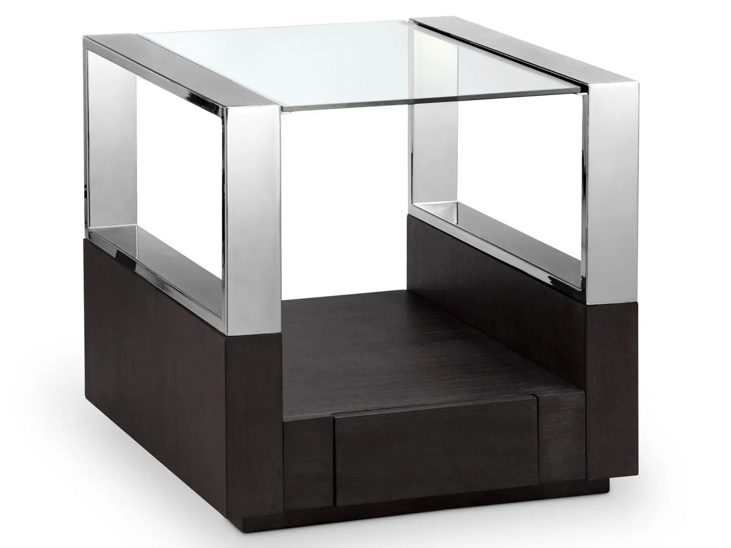 Revere end table: chrome frame, glass top, dark wood base Unique Piece Furniture on Tampa Home & Garden Store