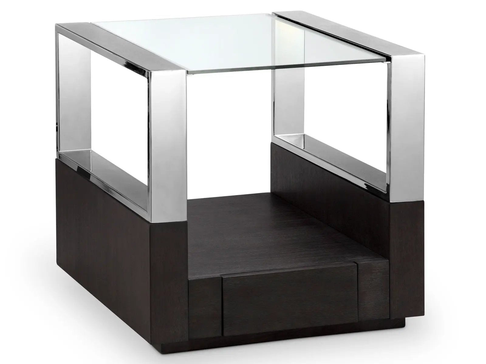 Revere end table: chrome frame, glass top, dark wood base Unique Piece Furniture on Tampa Home & Garden Store