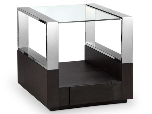 Revere end table: chrome frame, glass top, dark wood base Unique Piece Furniture on Tampa Home & Garden Store