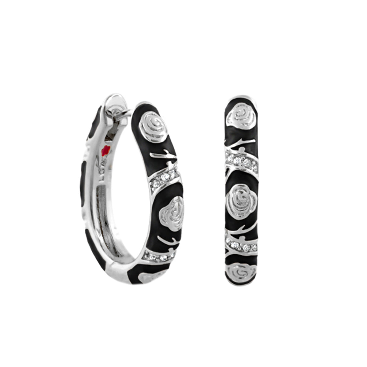 Stackable Fiesta Earrings Rosette Pavé Hoop by Lauren G Adams, black enamel with silver rosettes on Tampa Home & Garden Store
