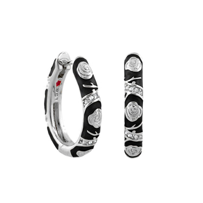 Stackable Fiesta Earrings Rosette Pavé Hoop by Lauren G Adams, black enamel with silver rosettes on Tampa Home & Garden Store