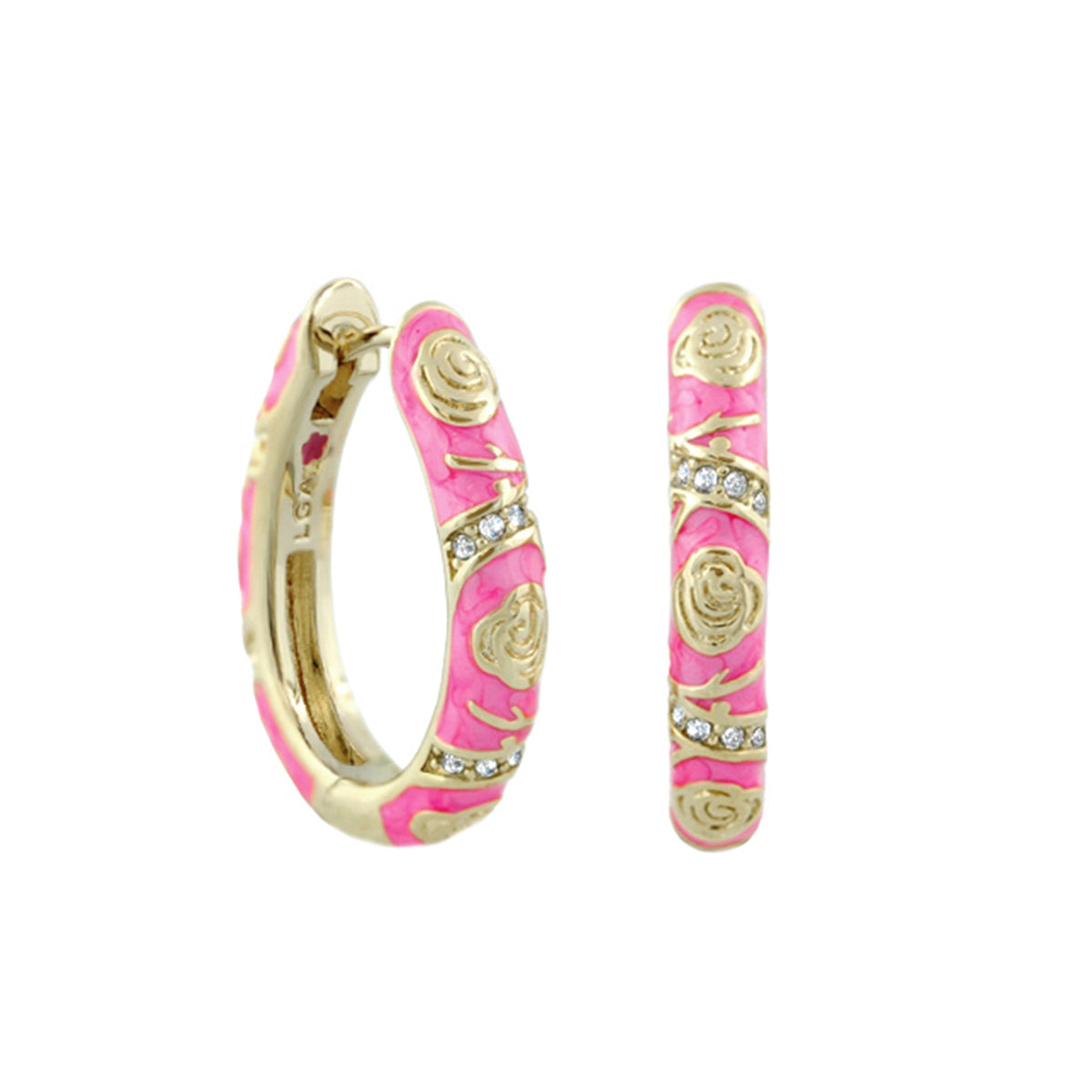 Stackable Fiesta Earrings Rosette Pavé Hoop pair in pink enamel with gold-tone roses on Tampa Home & Garden Store