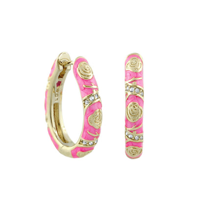 Stackable Fiesta Earrings Rosette Pavé Hoop pair in pink enamel with gold-tone roses on Tampa Home & Garden Store