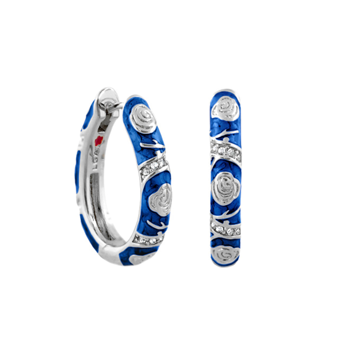 Stackable Fiesta Earrings Rosette Pavé Hoop blue enamel with silver rosettes and pavé diamonds pair on Tampa Home & Garden Store
