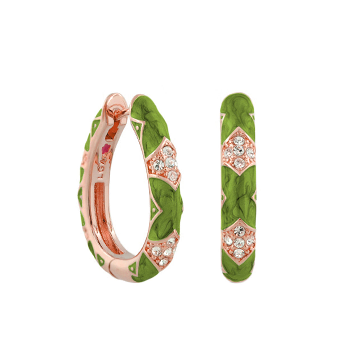 Stackable Fiesta Earrings - Pavé Station Hoop in rose gold with green enamel and crystals on Tampa Home & Garden Store