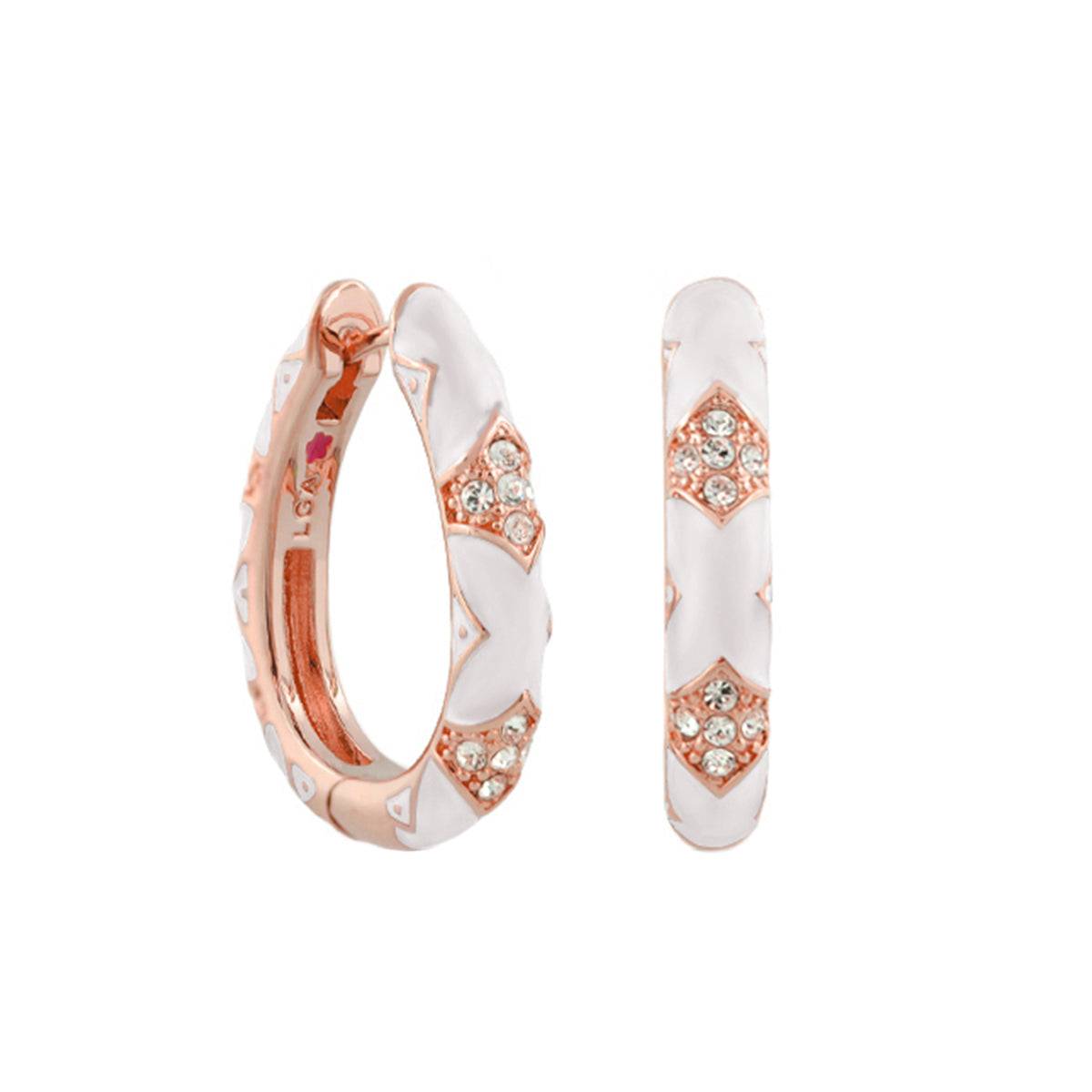 Stackable Fiesta Earrings pair Pavé Station Hoop rose gold white enamel crystals on Tampa Home & Garden Store
