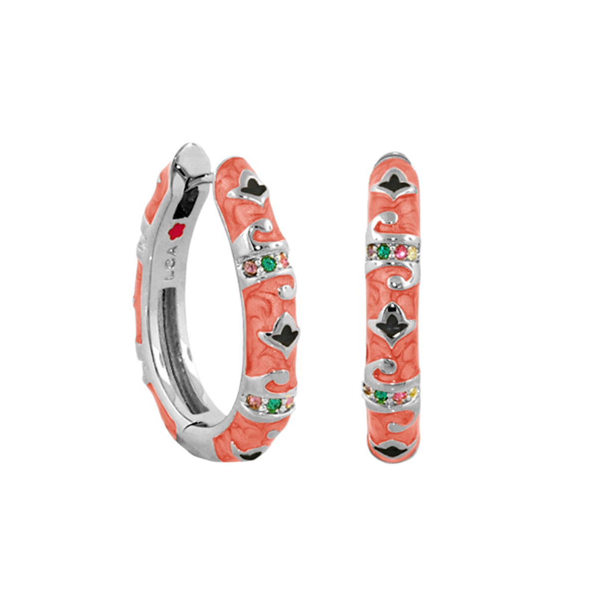 Stackable Fiesta Lozenge Pavé Hoop earrings in coral enamel with stones, Lauren G Adams pair on Tampa Home & Garden Store