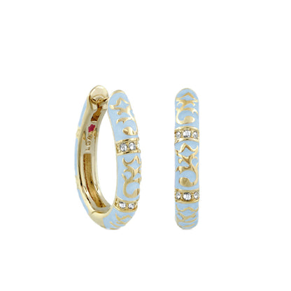 Stackable Fiesta Earrings Pavé Hoop in light blue enamel with gold scrollwork and diamonds on Tampa Home & Garden Store