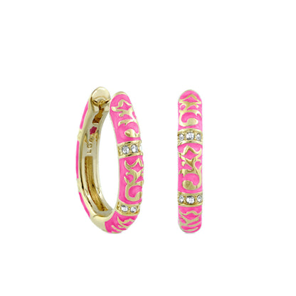 Stackable Fiesta Earrings — Scrollwork Pavé Hoop pink enamel gold-tone with crystals pair on Tampa Home & Garden Store