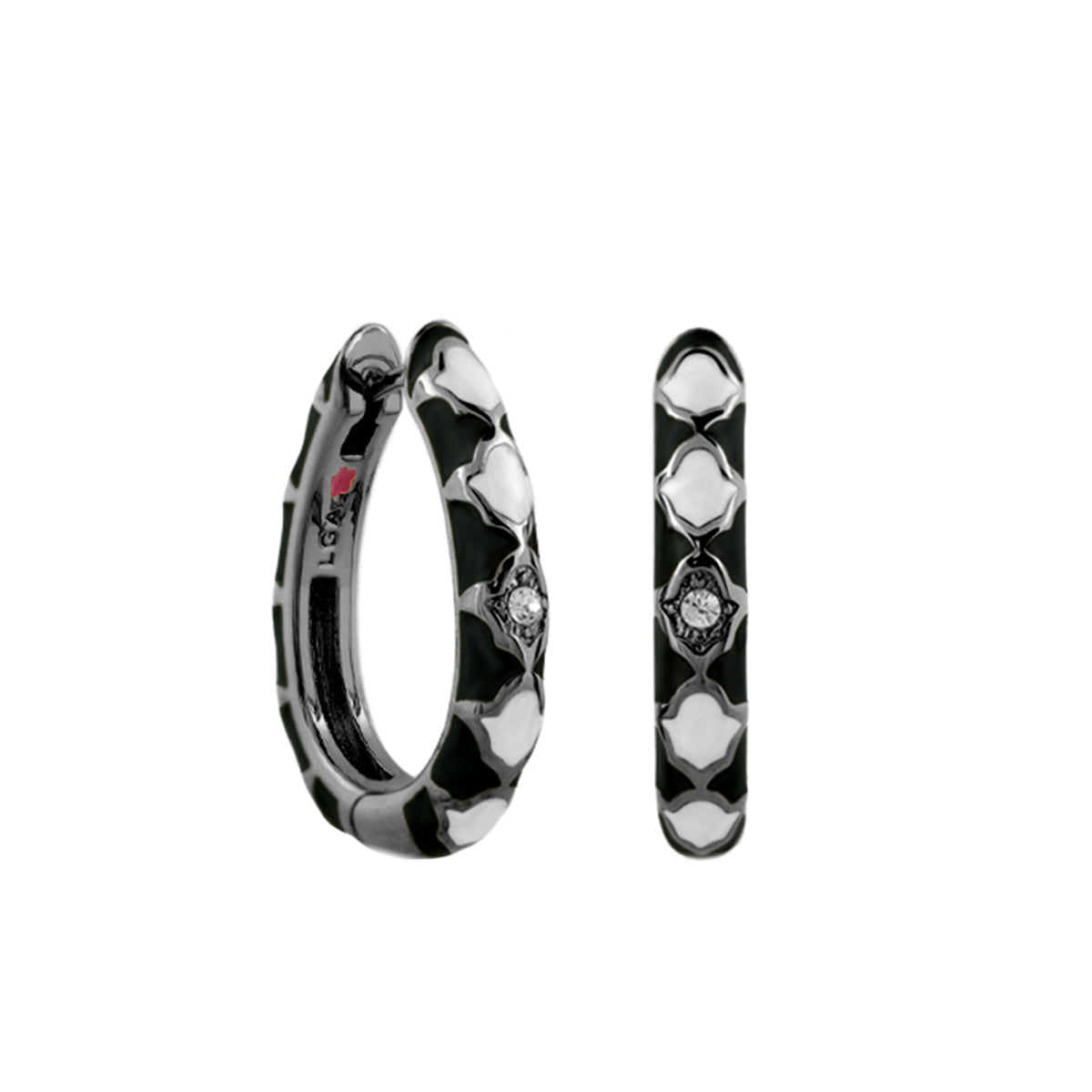 Stackable Fiesta Earrings Quatrefoil Crystal Hoop pair black enamel silver petals Lauren G Adams on Tampa Home & Garden Store