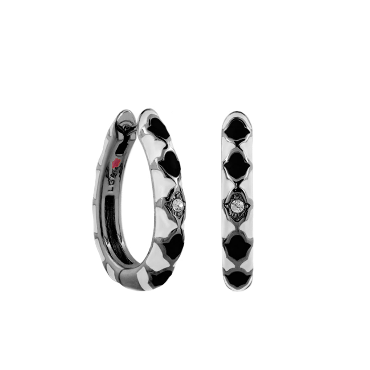Stackable Fiesta Earrings Quatrefoil Hoop Lauren G Adams, black enamel pattern with crystal on Tampa Home & Garden Store