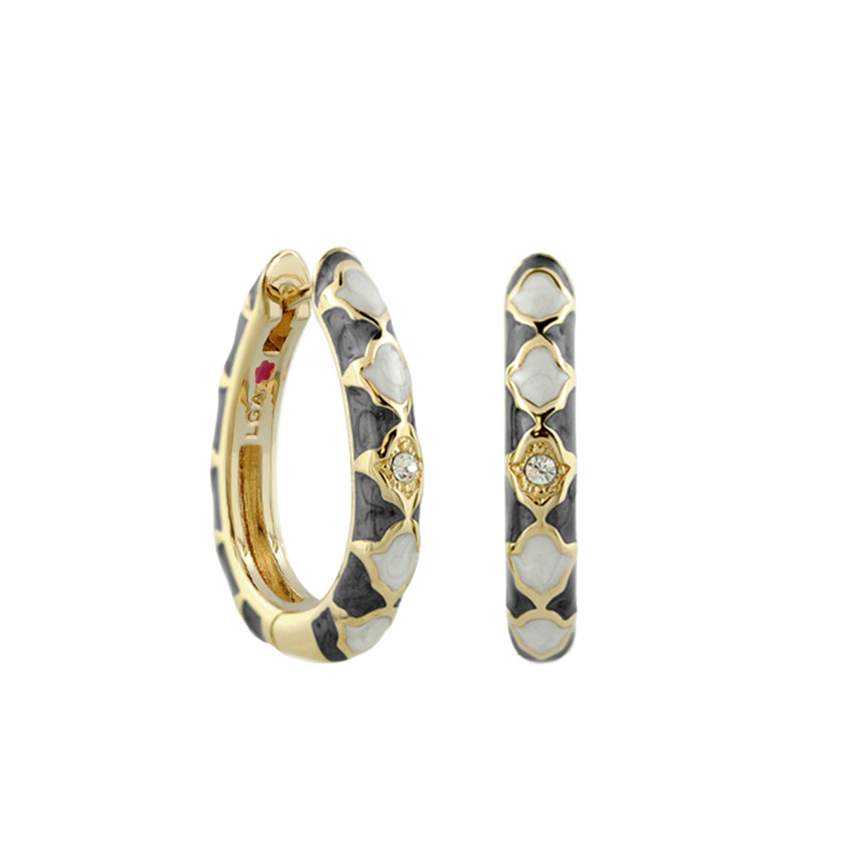 Stackable Fiesta Earrings - Quatrefoil Hoop, gold-tone with gray enamel crystal, pair on Tampa Home & Garden Store