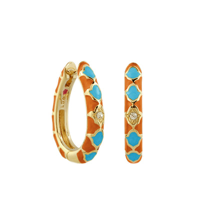 Stackable Fiesta Earrings pair - Quatrefoil Hoop, goldtone with orange enamel turquoise on Tampa Home & Garden Store
